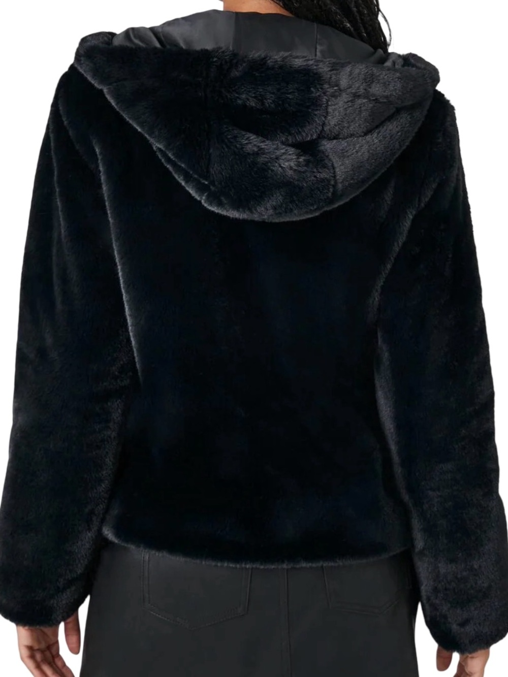 Black Faux Fur Hooded Jacket Coat Women’s Plush Soft Zip Front Y2K Glam - Picture 2 of 5